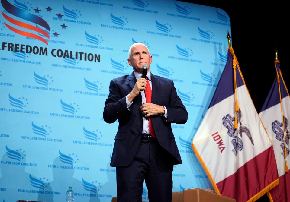 Republican presidential candidate and former Vice President Mike Pence speaks at the Iowa Faith & Freedom Coalition's fall banquet, Saturday, Sept. 16, 2023, in Des Moines, Iowa. (AP Photo/Bryon Houlgrave)