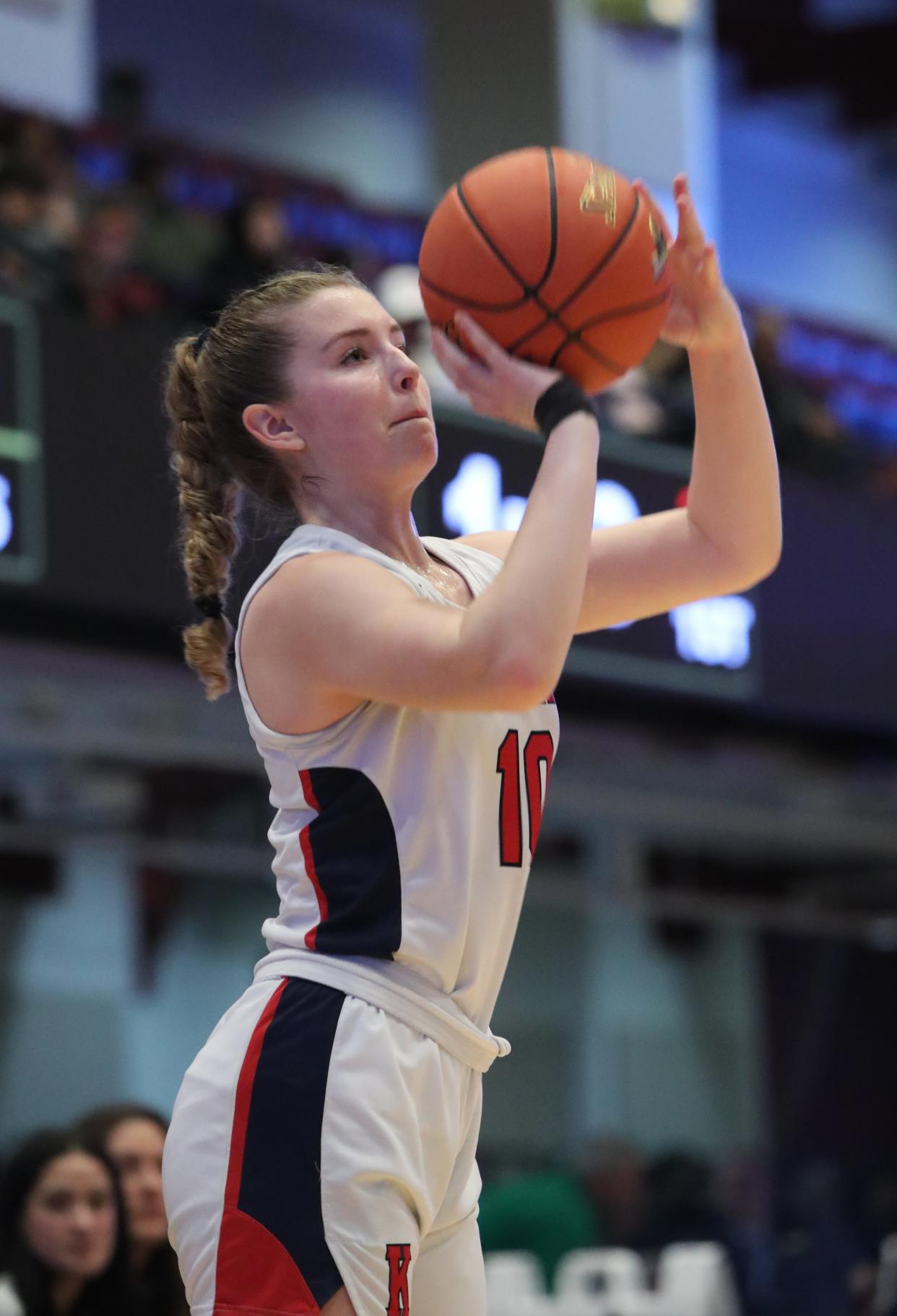 Ketcham's Jenny Nardelli readies to shoot a 3-pointer against Ossining during a Section 1 Class AAA girls basketball semifinal on Feb. 28, 2024.
