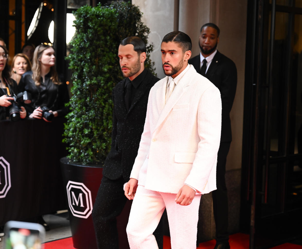 Simon Porte Jacquemus and Bad Bunny depart The Mark Hotel to attend the 2023 Met Gala in New York, New York, on May 1, 2023. / Credit: Lokman Vural Elibol/Anadolu Agency via Getty Images