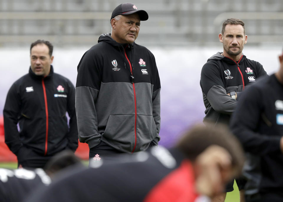 Japan coach Jamie Joseph watches his players train in Tokyo, Japan, Thursday, Oct. 17, 2019. Japan play South Africa in a Rugby World Cup quarterfinal on Sunday Oct. 20. (AP Photo/Mark Baker)