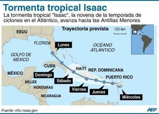 Mapa de la trayectoria de la tormenta tropical Isaac