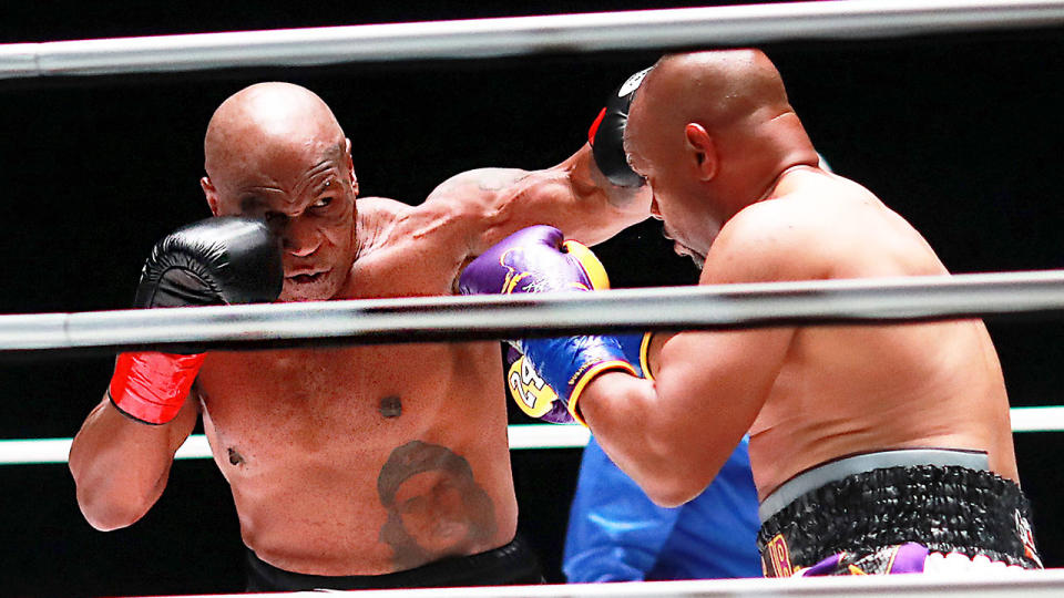 Mike Tyson and Roy Jones Jr. are seen here fighting at the Staples Center in Los Angeles.