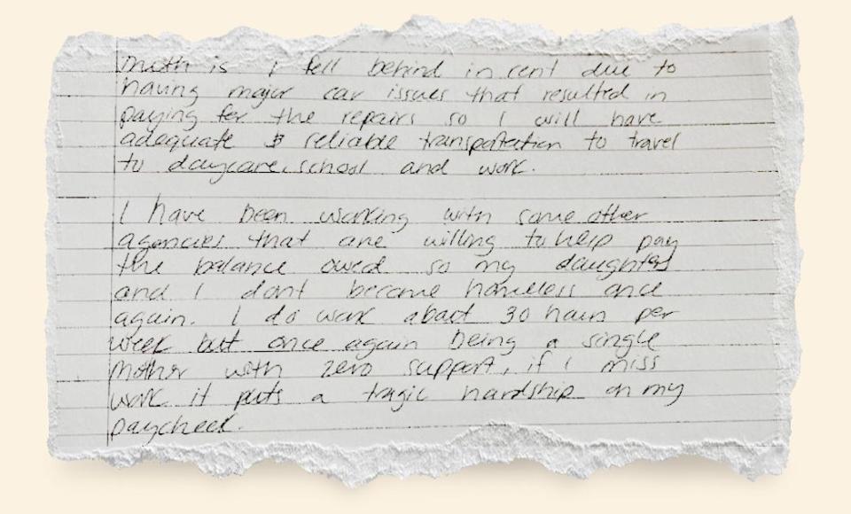 In a letter dated Jan. 1, 2020, a Black woman in King County asked if she could come up with a payment plan after falling behind in rent because her car broke down. She explained she needed to fix the car to be able to go to work and her daughter's day care, without which she would have lost her job altogether, setting her back even more.