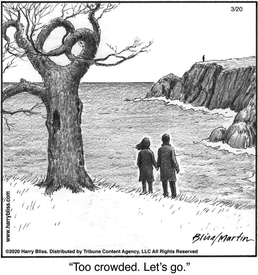 New Yorker cartoon contributor Harry Bliss collaborated with comedian Steve Martin on this cartoon relating to the coronavirus pandemic. "We need to take precautions but let’s laugh at this too," he said. 