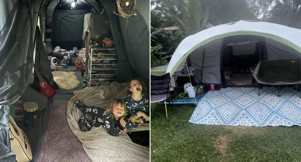 Kids inside tent set up in Queensland campground. 
