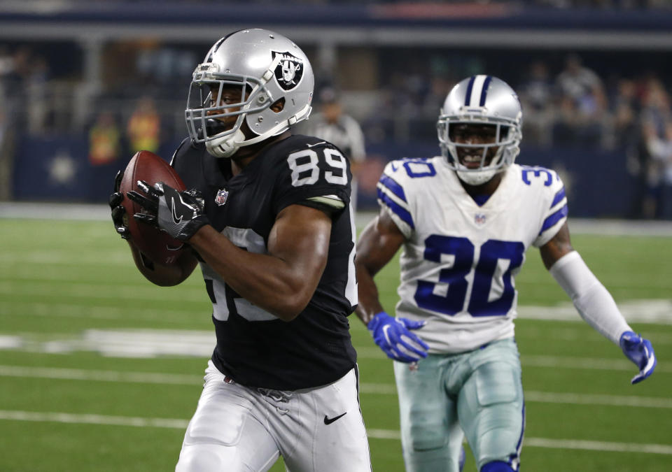 Amari Cooper, pictured playing against the Cowboys last season, will join a Dallas team in desperate need of receivers. (AP)