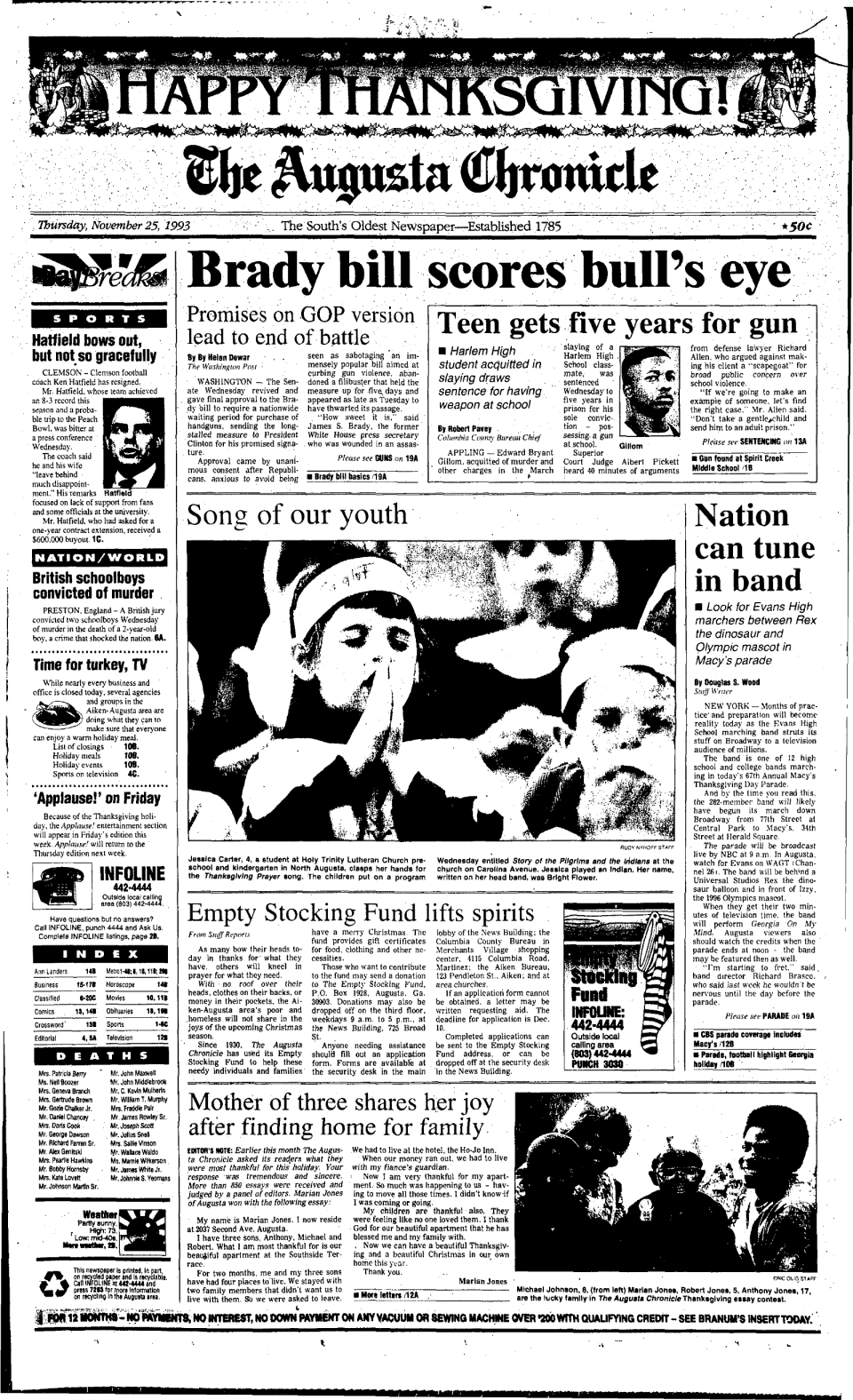 The front page of the Augusta Chronicle on Thanksgiving on November 25, 1993.