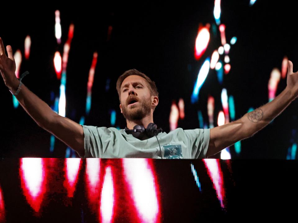 Calvin Harris performs at the Coachella Stage during the 2023 Coachella Valley Music and Arts Festival on April 15, 2023 in Indio, California.