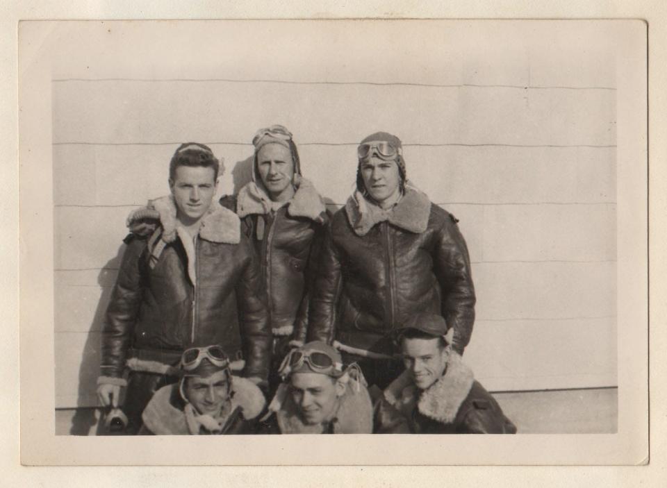 John Connelly, at top left, with fellow crew members of a B-24 Liberator that crash-landed after a bombing mission in Germany in 1944.