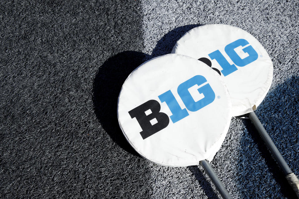 Yard markers with the Big Ten conference logo are seen on the ground during a game between Michigan and Maryland on Nov. 2. (Joe Robbins/Getty Images)