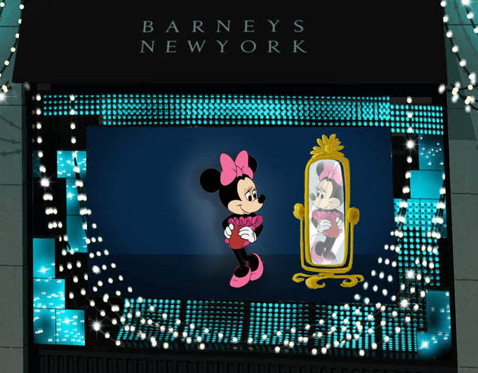 This undated artist rendering released by Barneys New York / Disney shows Disney character Minnie Mouse featured in the Barneys New York Madison Avenue holiday window. The upcoming holiday display will feature classic Disney characters on the runway in front of an audience of animated versions of industry bigwigs. The short film that will be shown in the retailer's windows in all of its flagship stores and will feature Minnie's dream sequence of walking the runway in a hot-pink, ruffle-covered Lanvin dress. (AP Photo/Barneys New York / Disney)