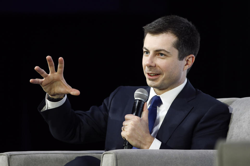 Democratic presidential candidate, former South Bend, Ind., Mayor Pete Buttigieg speaks during a candidate forum on infrastructure at the University of Nevada, Las Vegas, Sunday, Feb. 16, 2020, in Las Vegas. (AP Photo/Patrick Semansky)
