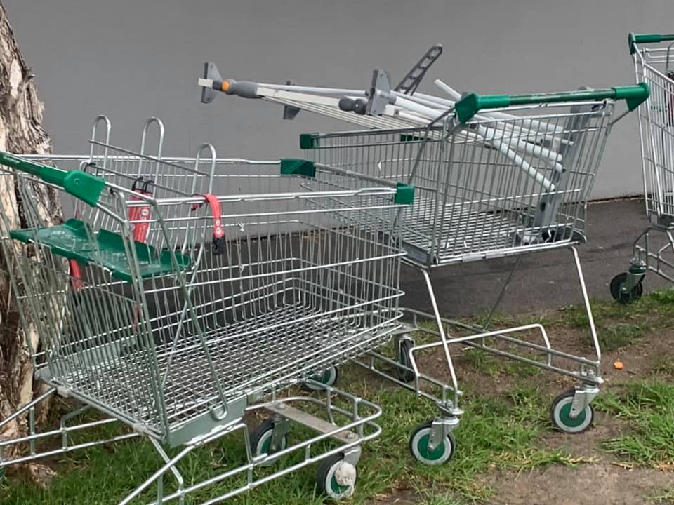 Pictured are the Woolworths trolleys on the road in Carnegie.