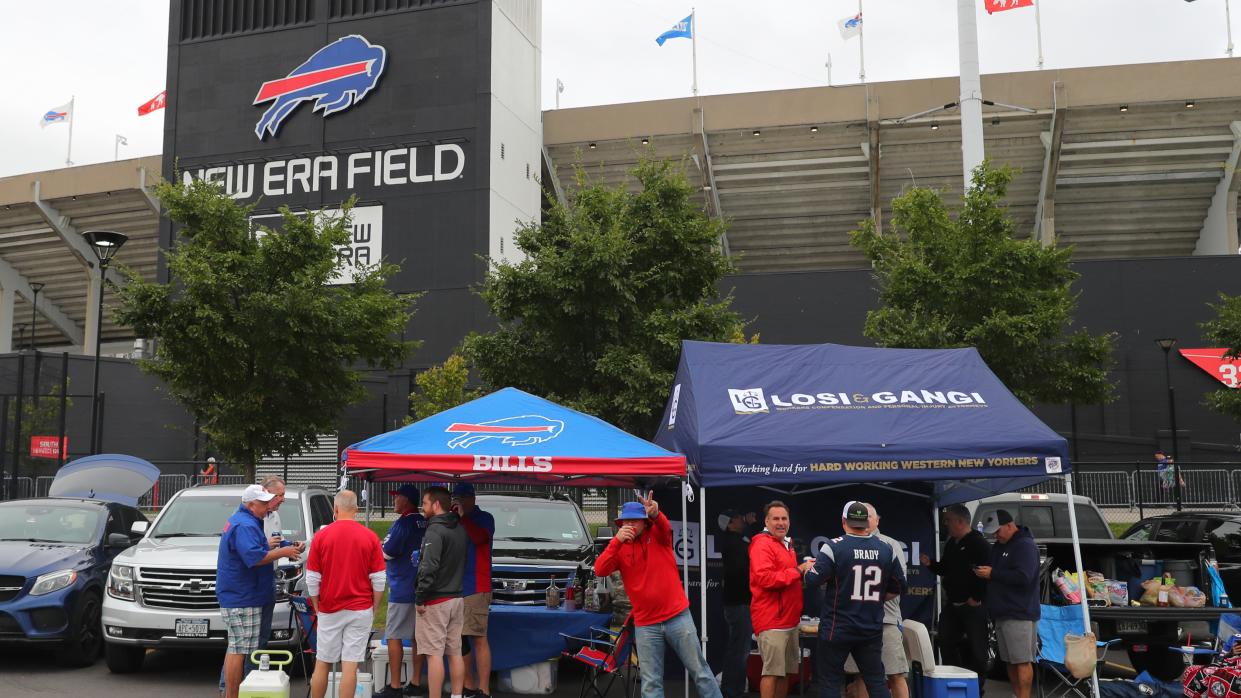 Axe throwing outside of New Era Field? Nothing could possibly go wrong. (Photo by Timothy T Ludwig/Getty Images)