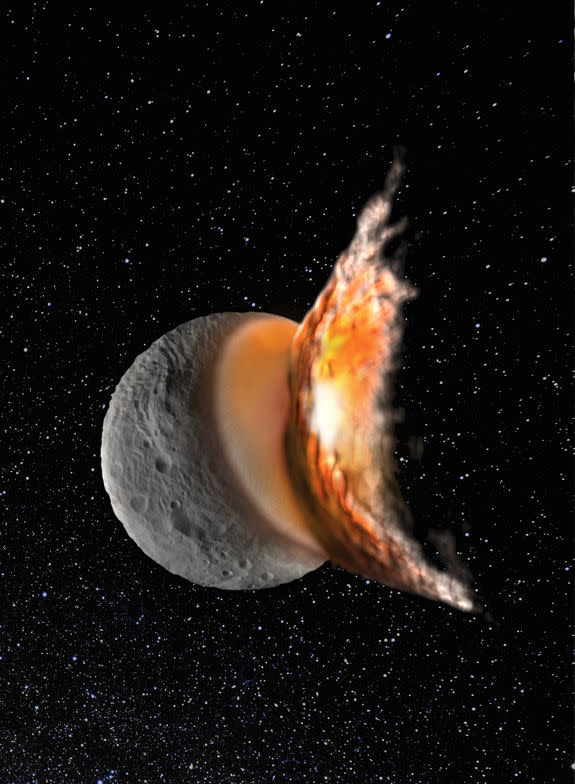 The young asteroid Vesta started off as a round protoplanet, but a massive collision early in its life caused it to become more elliptical in shape and created the giant crater Rheasilvia, scientists say. This image is an artist's illustration