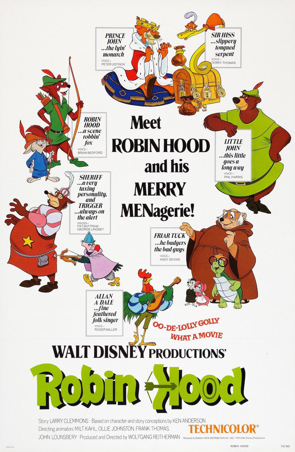 Robin Hood, poster, US poster art, (clockwise from top center): Prince John, Sir Hiss, Little John, Friar Tuck, Toby Turtle, Alan-A-Dale/Rooster, Trigger, Sheriff of Nottingham, Skippy Rabbit, , 1973. (Photo by LMPC via Getty Images)