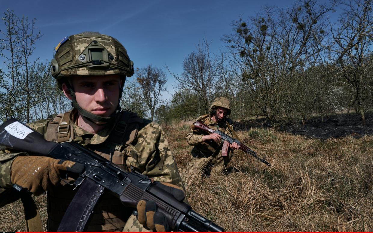 Simulation of assault actions during additional training of fighters who entered the battalion after the Complexation Cente as Ukrainian soldiers undergo training before being sent to the front on April 8, 2024 in Ukraine. The country's military seeks to replenish its forces after more than two years of large-scale war with Russia.