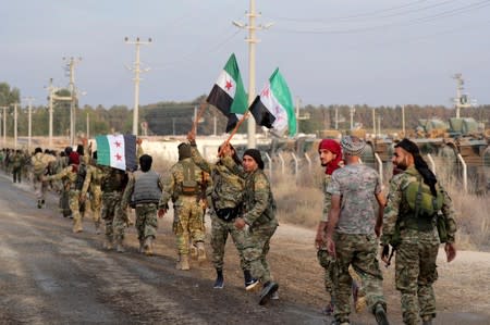 Turkey-backed Syrian rebel fighters hold the Syrian opposition flag as they walk together in the border town of Akcakale in Sanliurfa province