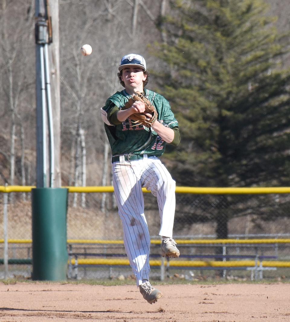 Herkimer College second baseman Kyle Caccamise throws to first base after fielding a ground ball at Veterans Memorial Park April 3, 2021. Caccamise has been named the NJCAA's Division III Defensive Player of the Year for 2022.