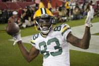 Green Bay Packers wide receiver Marquez Valdes-Scantling (83) celebrates after catching a touchdown pass during the second half of an NFL football game against the San Francisco 49ers in Santa Clara, Calif., Sunday, Sept. 26, 2021. (AP Photo/Tony Avelar)
