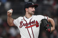 Atlanta Braves starting pitcher Spencer Strider works in the sixth inning of the team's baseball game against the Philadelphia Phillies on Wednesday, May 25, 2022, in Atlanta. (AP Photo/John Bazemore)