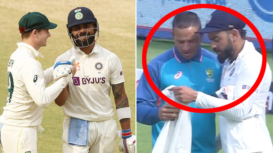 Pictured right, India superstar Virat Kohli exchanges shirts with Aussie players after the fourth and final Test. 