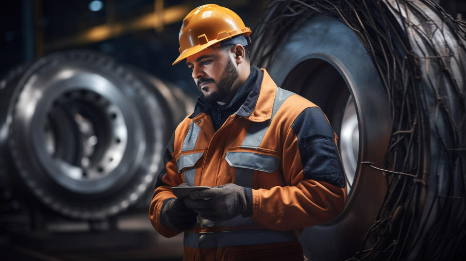 A worker in safety gear inspecting a bearing in an industrial motion factory.