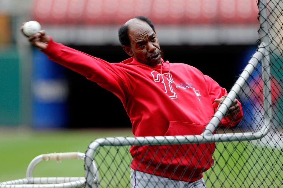 ST LOUIS, MO - OCTOBER 18: Manager Ron Washington of the Texas Rangers pitches during batting practice at Busch Stadium on October 18, 2011 in St Louis, Missouri. The Texas Rangers will take on the St. Louis Cardinals in Game One of the 2011 World Series on October 19. (Photo by Rob Carr/Getty Images)