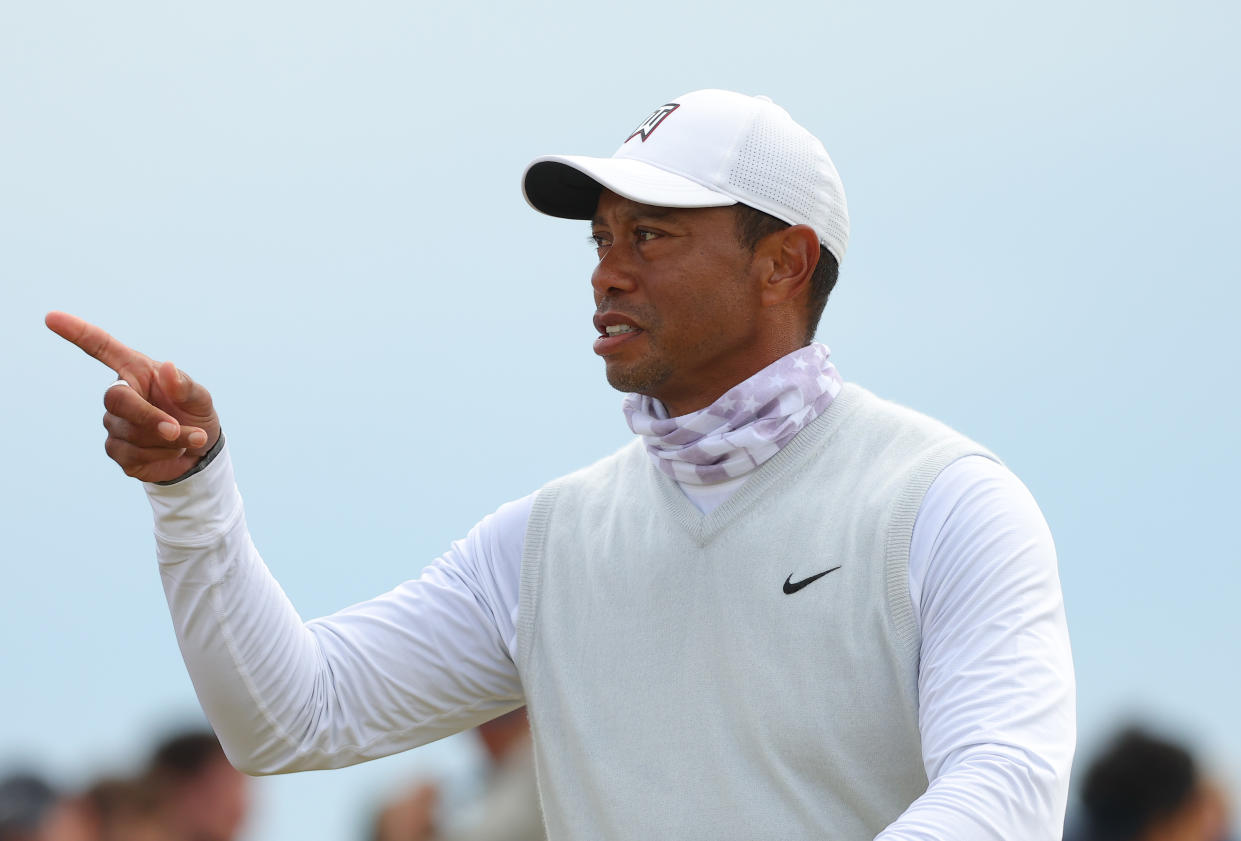 ST ANDREWS, SCOTLAND - JULY 15: Tiger Woods of the United States reacts on the 7th hole during Day Two of The 150th Open at St Andrews Old Course on July 15, 2022 in St Andrews, Scotland. (Photo by Kevin C. Cox/Getty Images)