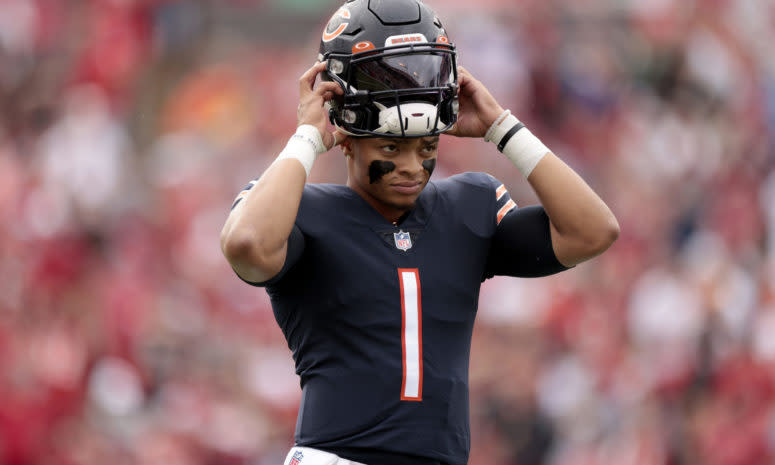 Chicago Bears rookie quarterback Justin Fields on the field.