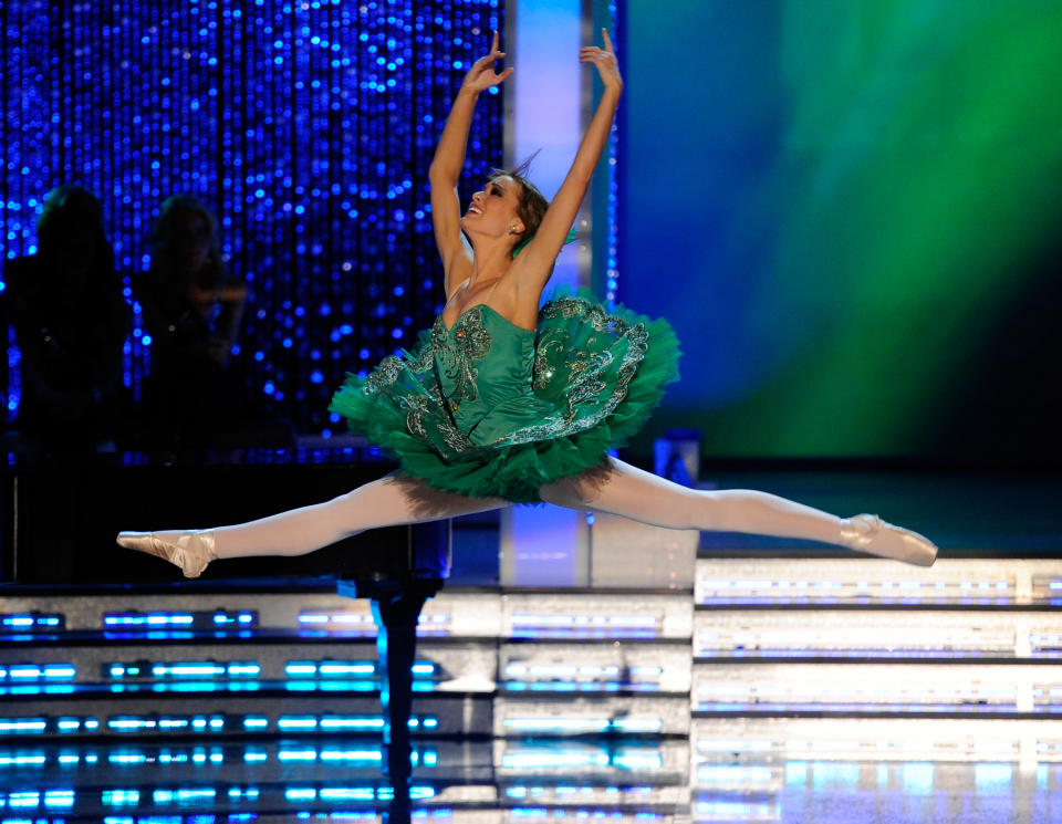 LAS VEGAS, NV - JANUARY 14: Hannah Smith, Miss Illinois, competes in the talent competition during the 2012 Miss America Pageant at the Planet Hollywood Resort & Casino January 14, 2012 in Las Vegas, Nevada. (Photo by Ethan Miller/Getty Images)