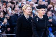 <p>Princess Benedike, older sister to Queen Anne-Marie, arrived at her brother-in-law's funeral with her daughter Princess Alexandra. Both royal women wore pearls.</p>