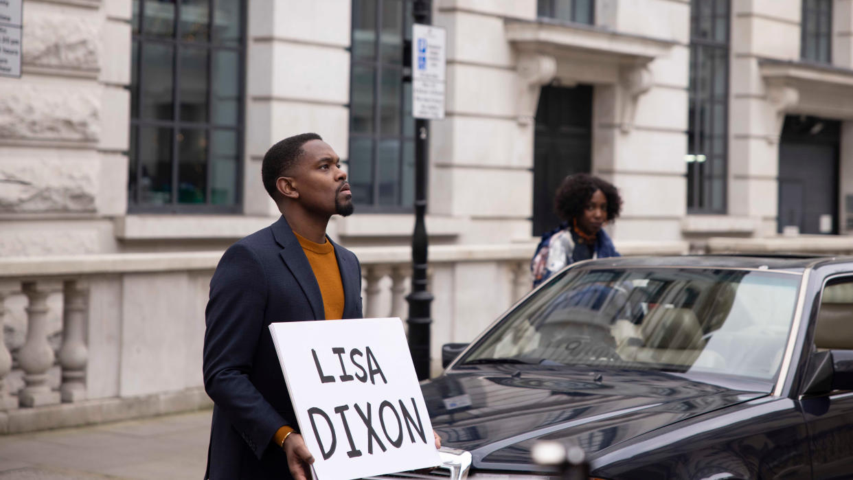 Aml Ameen channels an infamous scene from 'Love Actually' in 'Boxing Day'. (Rekha Garton/Warner Bros)