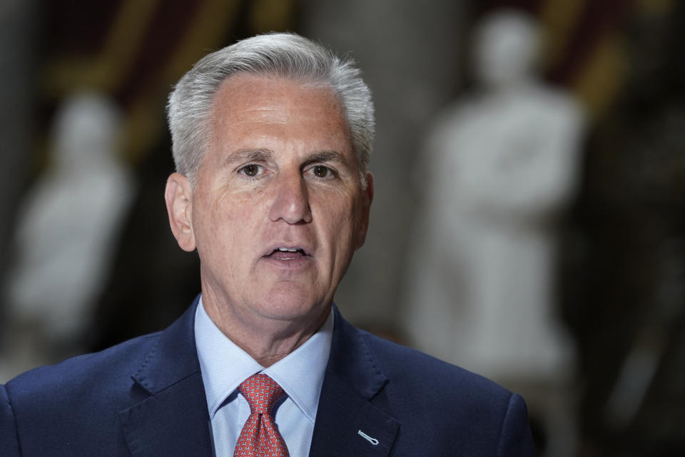 House Speaker Kevin McCarthy of Calif., speaks with reporters on the debt limit, Wednesday, May 24, 2023, on Capitol Hill in Washington. (AP Photo/Mariam Zuhaib)