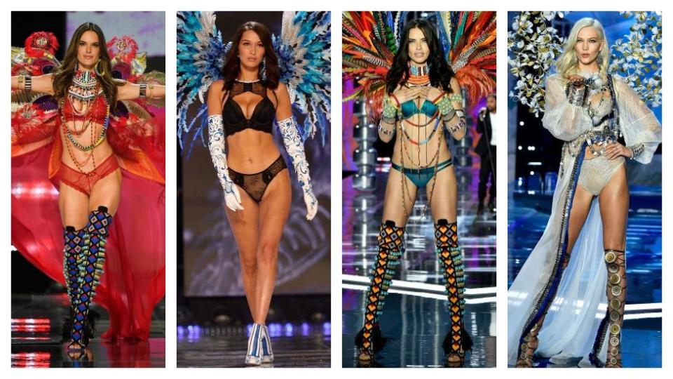 <p>Bella Hadid leads the models on the Victoria's Secret catwalk</p>