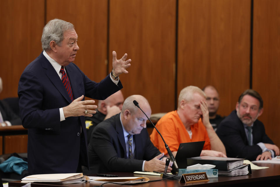 Defense attorney Jim Harpootlian, representing Alex Murdaugh, addresses the court during a hearing on a motion for a retrial, Tuesday, Jan. 16, 2024, at the Richland County Judicial Center in Columbia, S.C. Murdaugh was convicted of killing his wife, Maggie, and younger son, Paul, in June 2021. (Tracy Glantz/The State via AP, Pool)