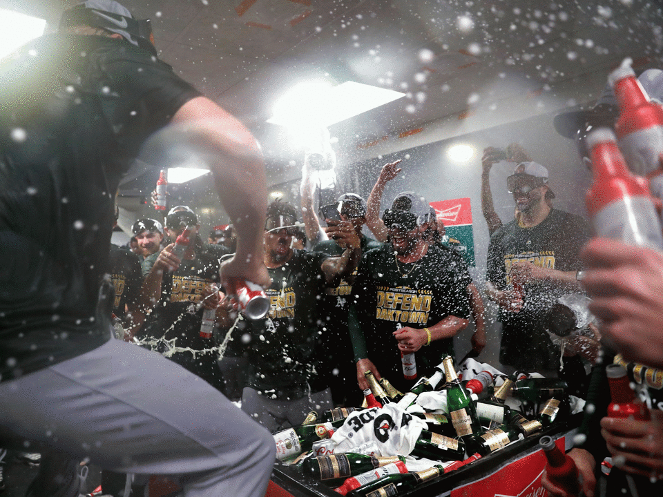 The Oakland Athletics celebrate reaching the post-season: Getty