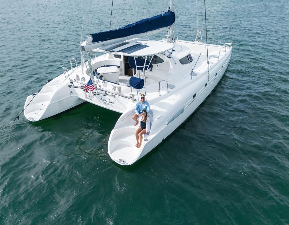 This is a drone view of the catamaran Sea Pearl that Steve and Stefanie Plein invested in to launch their new business Sailing New Wave. Starting this January they will be offering trips on the boat, also their home, in the Bahamas.