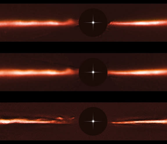 Researchers have spotted strange, fast-traveling ripples speeding around the disk of dust surrounding the young star AU Microscopii.