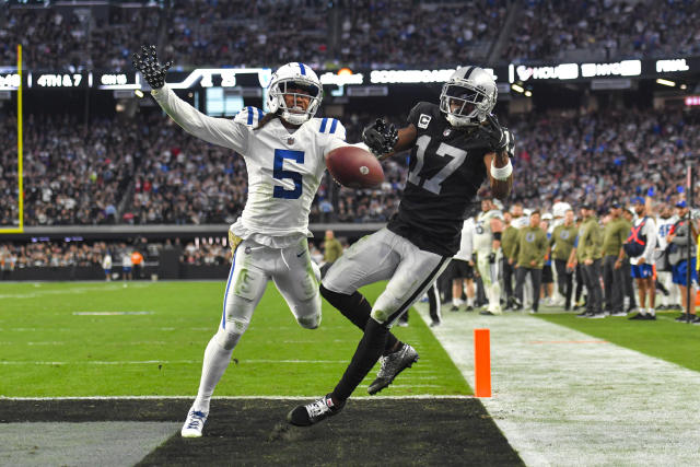 Las Vegas Raiders cornerback Rock Ya-Sin (26) leaves the field against the  Indianapolis Colts during the first half of an NFL football game, Sunday,  Nov 13, 2022, in Las Vegas. (AP Photo/Rick