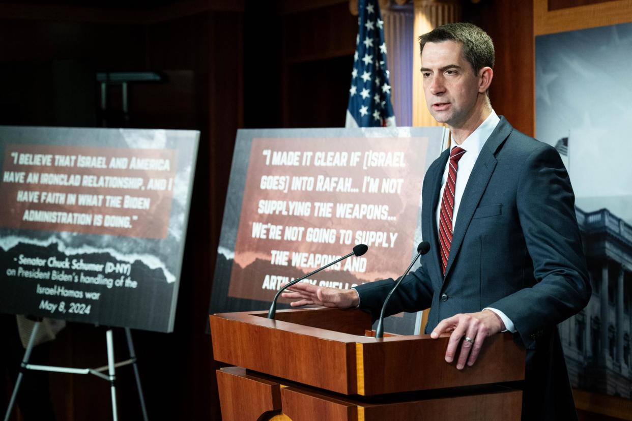 <span>Tom Cotton speaks about the US restricting weapons for Israel in Washington DC last week..</span><span>Photograph: Michael Brochstein/Sopa Images/Rex/Shutterstock</span>