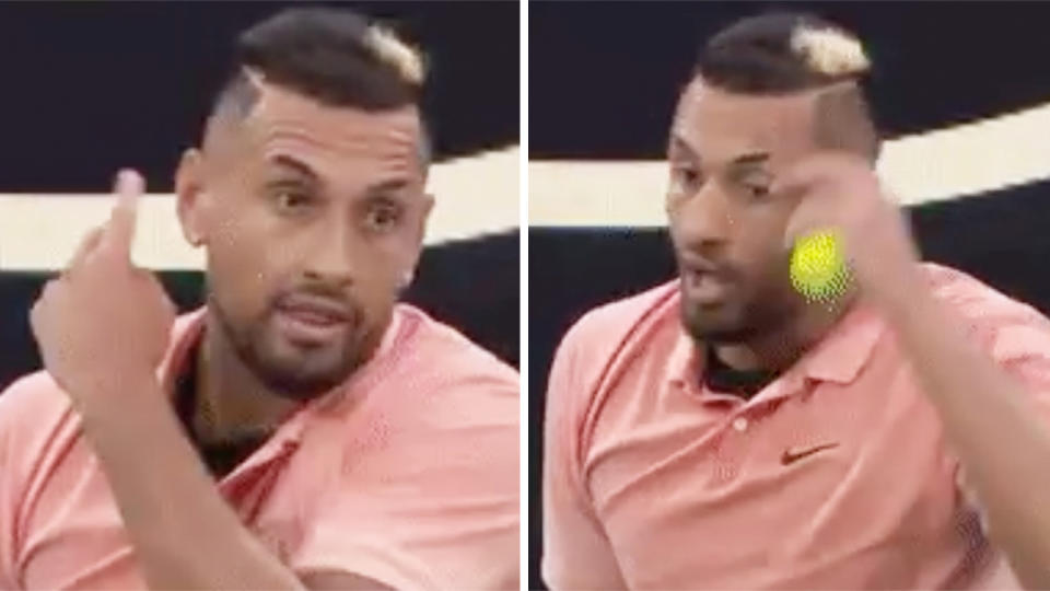 Nick Kyrgios brushing his ears as he openly mocks Rafael Nadal's serve at the Australian Open.