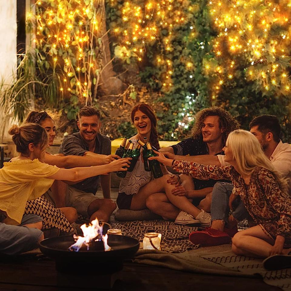 Young friends making a toast in front of bright garden string lights