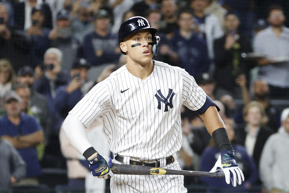 NEW YORK, NEW YORK - SEPTEMBER 22: Aaron Judge #99 of the New York Yankees reacts after being walked by Michael Wacha #52 of the Boston Red Sox (not pictured) during the third inning at Yankee Stadium on September 22, 2022 in the Bronx borough of New York City. (Photo by Sarah Stier/Getty Images)