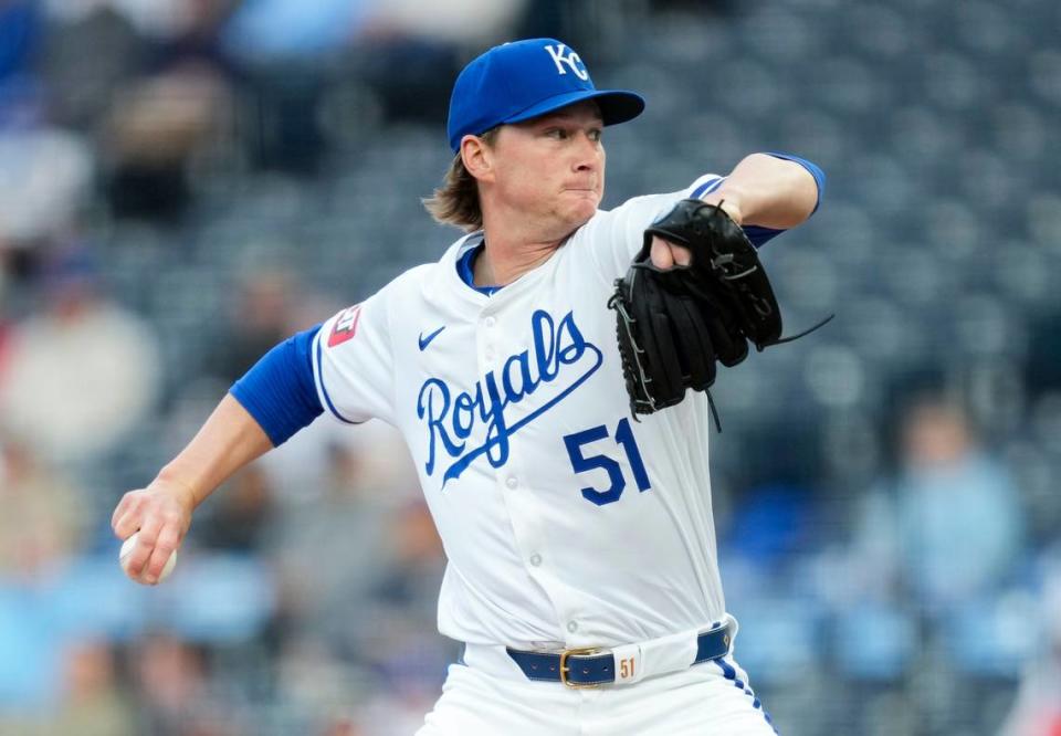 Kansas City Royals right-hander Brady Singer pitches against the Toronto Blue Jays on Monday evening at Kauffman Stadium.