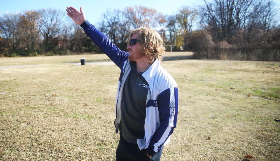 The Executive Director of Memphis Inner City Rugby Shane Young speaks about where amenities would go if they are granted $1 million from the Shelby County Commission on Friday, Dec. 15, 2023 at 673 Vance Avenue, the now abandoned lot where Vance Middle School used to be, in Memphis, Tenn.