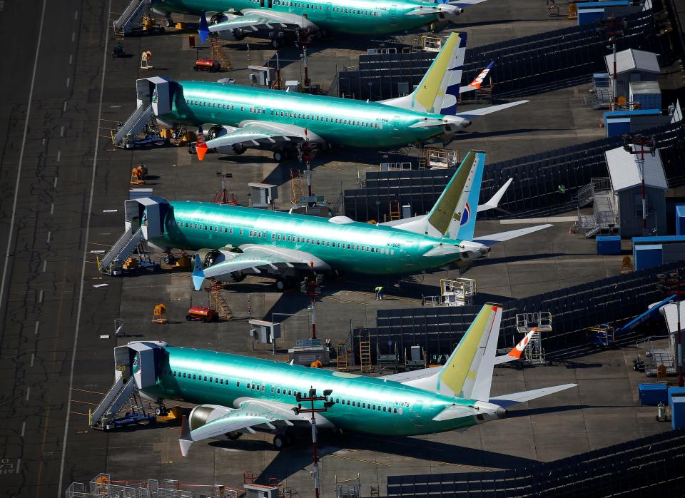 FILE PHOTO: Unpainted Boeing 737 MAX aircraft are seen parked in an aerial photo at Renton Municipal Airport near the Boeing Renton facility in Renton, Washington, U.S. July 1, 2019.  REUTERS/Lindsey Wasson