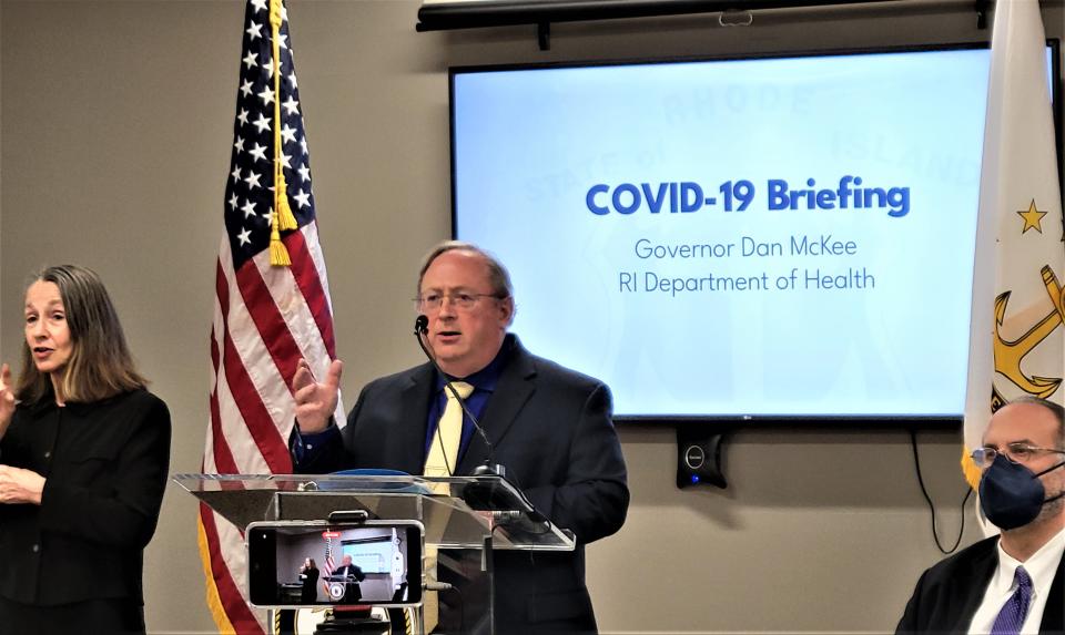 Dr. James McDonald, interim Health Department director, leads a press briefing in February.