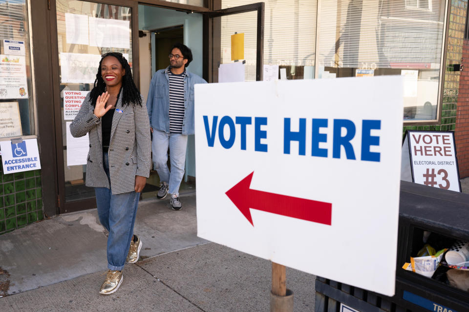 Then-Pennsylvania Congressional candidate Summer Lee leaves a polling location after voting (Justin Merriman / Bloomberg via Getty Images )