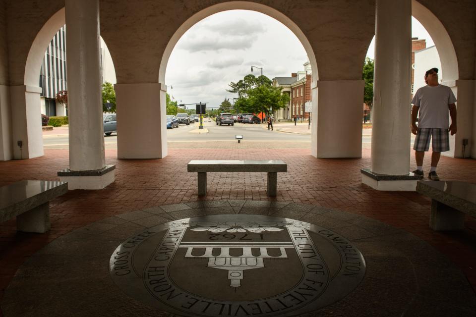View from under the arches at the Market House in downtown Fayetteville on Thursday, April 14, 2022.